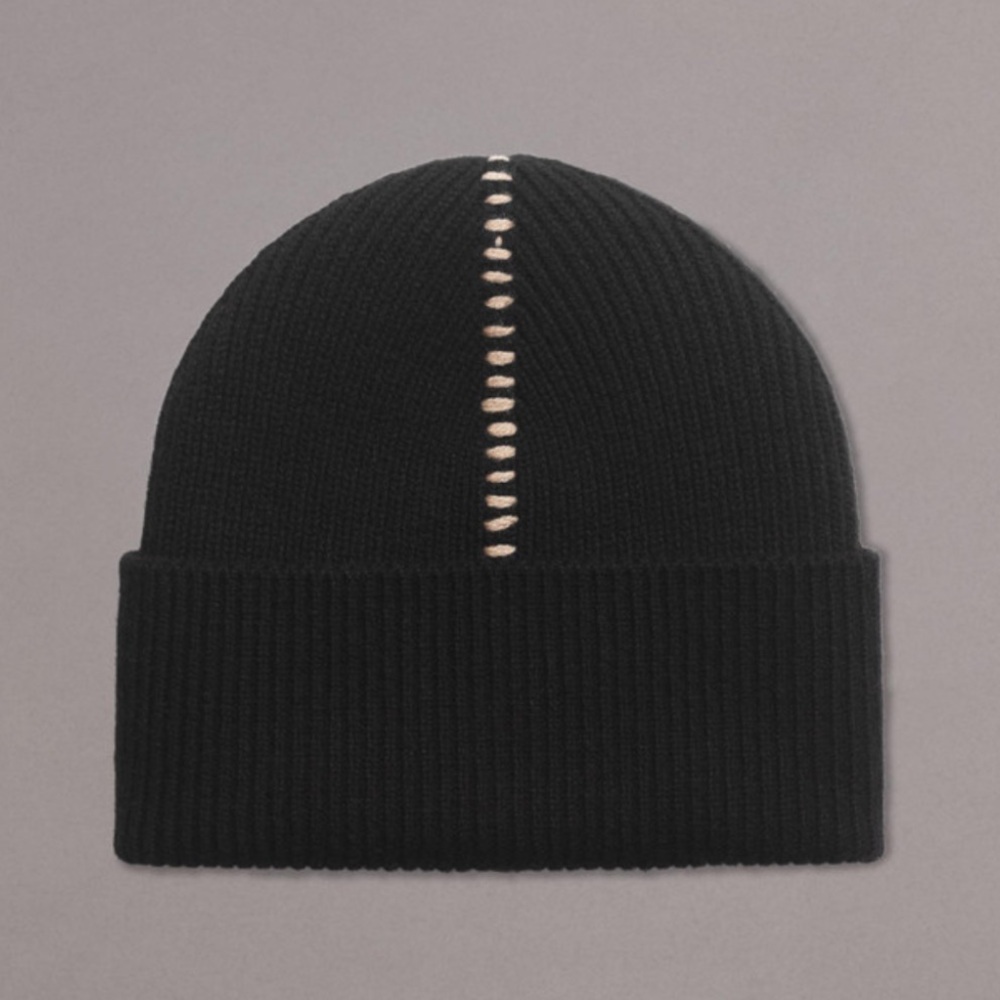 Rag & Bone Clarkson Black Wool Knit Beanie Hat with Stitching Detail Unisex NWT